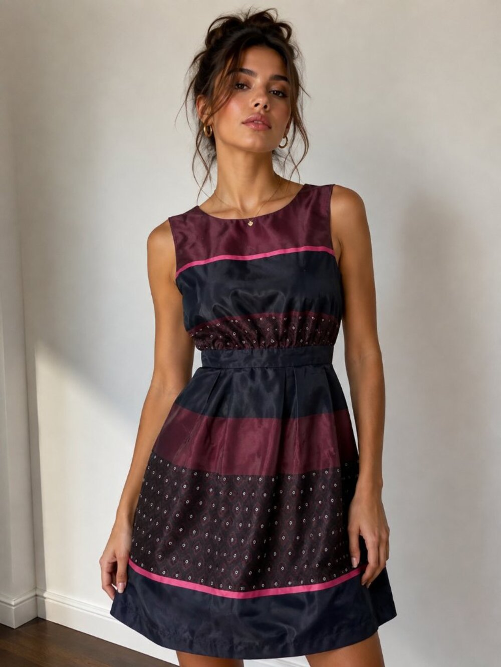 LOFT Petites Sleeveless Satin Striped Geometric Sheath Dress Burgundy Navy 8P